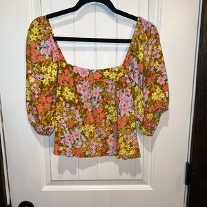 Floral Square-Neck Puff Sleeve Top in Olive, Yellow, and Pink